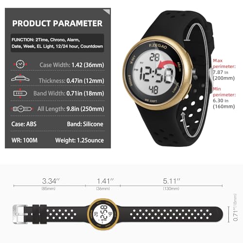 Digital Watch Mens Womens, Unisex 10ATM Waterproof Watch for Swimming Soft Double Injected Silicone Band, Sport Watches with Stopwatch Alarm Countdown Dual Time Mutifunction