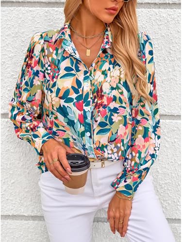 Amazon PRETTYGARDEN Women's Floral Blouses Dressy Casual V Neck Button Down Shirts Lantern Long Sleeve Boho Chiffon Fall Tops 2025