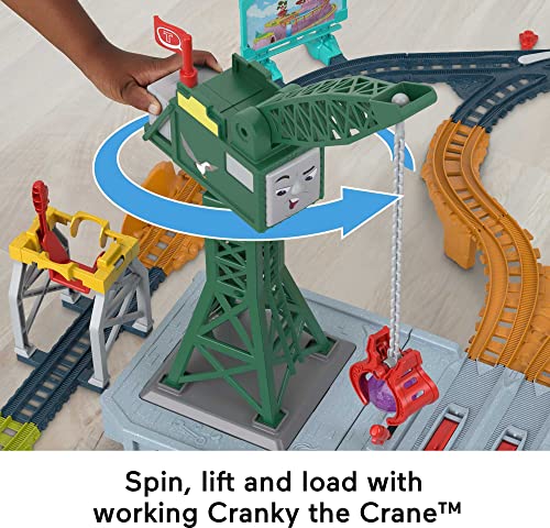 Thomas & Friends Motorized Train Set, Talking Cranky Delivery Set, Talking Crane & Battery Powered Toy Train with Songs & Sounds Medium