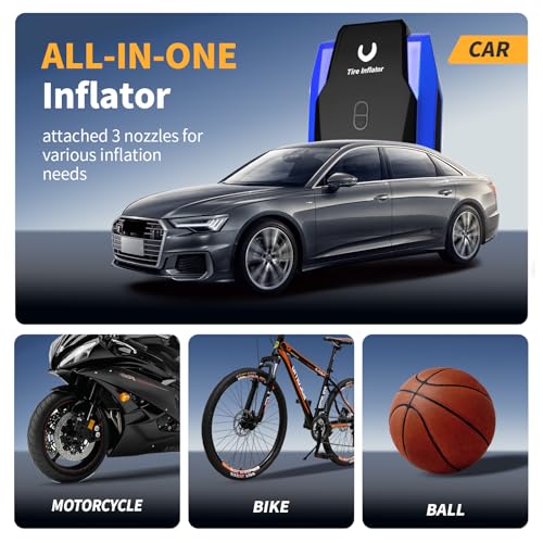 Amazon Tire Inflator Portable Air Compressor - Air Pump for Car Tires - 12V DC Tire Pump with Auto Shutoff Function & LED Light for Cars, Bicycles, Motorcycles, Blue, Large