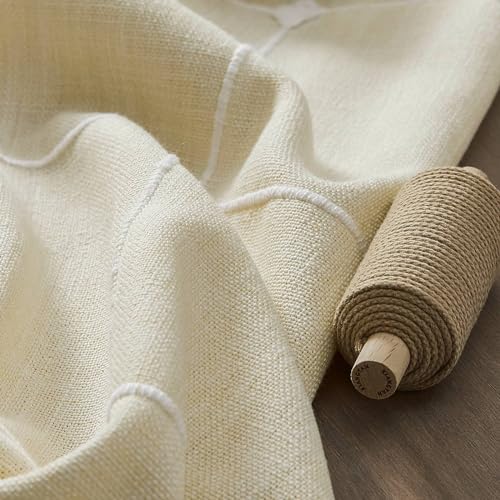 ZeeMart Grid Embroidered Hemmed Tablecloths, Ivory 60x120 Inch, Farmhouse Style Heavy Weight Cotton Linen Ivory Tablecloths, Boho Plaid Water Resistant Rectangle Table Cloth