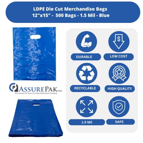 Amazon LDPE Die Cut Merchandies Bags - 12"x15" - 500 Bags - 1.5 mil - Blue - 1215DCBLUE - AssurePak