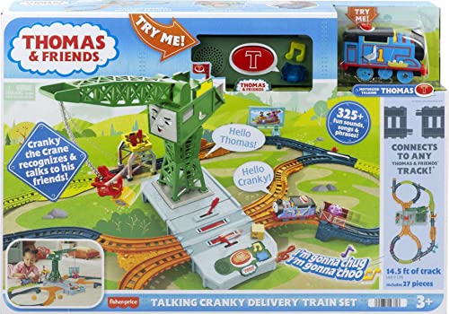 Thomas & Friends Motorized Train Set, Talking Cranky Delivery Set, Talking Crane & Battery Powered Toy Train with Songs & Sounds Medium
