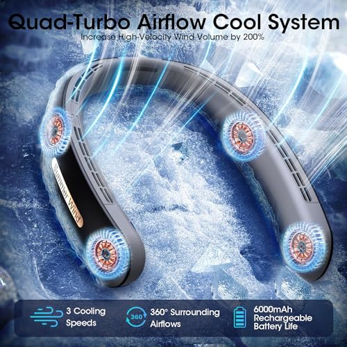 Amazon OLV Neck Fan 4 Turbo 6000mAh Portable 360 Cooling Airflow Bladeless USB Rechargeable Neck Fan with 3 Speeds Adjustment for Outdoor Travel Indoor - Black