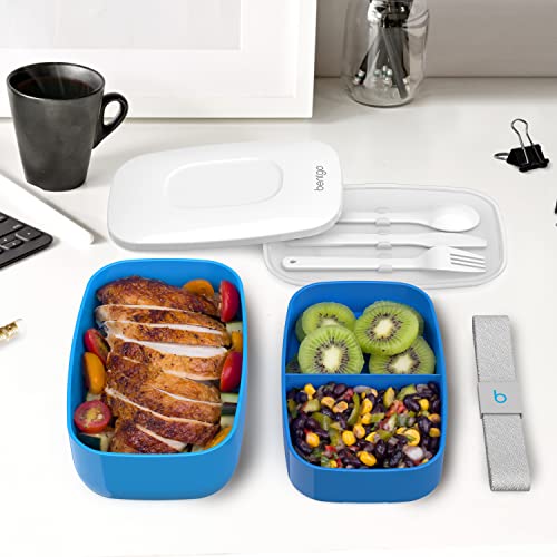 Bentgo Classic (Blue) - All-in-One Stackable Lunch Box Solution - Sleek and Modern Bento Box Design Includes 2 Stackable Containers, Built-in Plastic Silverware, and Sealing Strap
