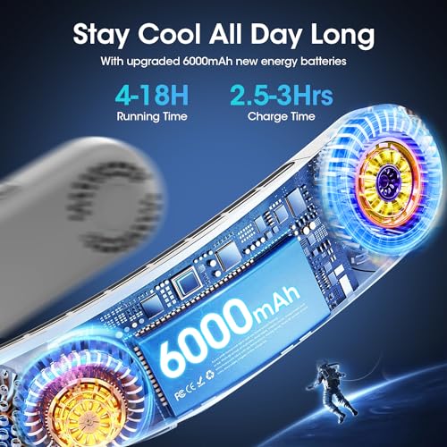 Amazon OLV Neck Fan 4 Turbo 6000mAh Portable 360 Cooling Airflow Bladeless USB Rechargeable Neck Fan with 3 Speeds Adjustment for Outdoor Travel Indoor - Black