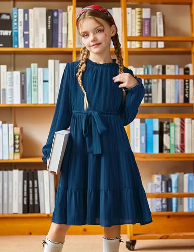 Amazon Arshiner Girls Long Sleeve Dress Tween Fall Formal Party Holiday Midi Tiered Flowy Swing Dresses with Belt 5-13 Y