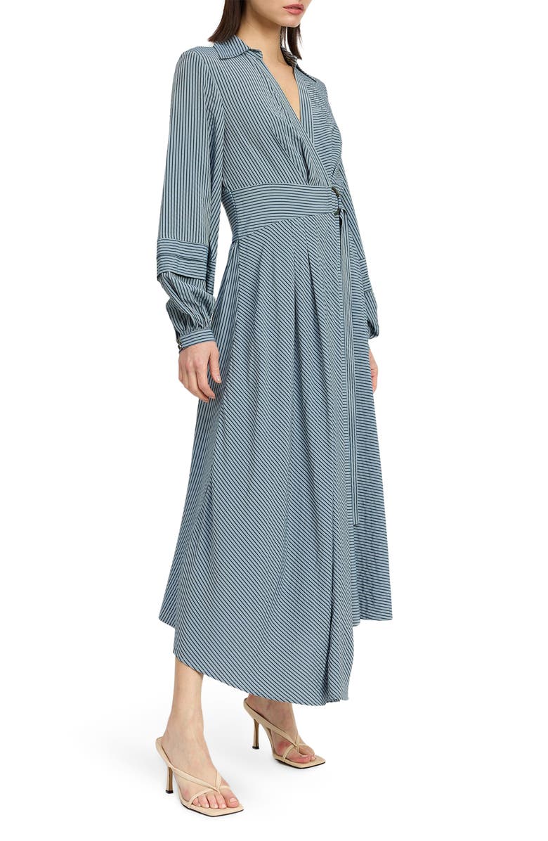 En Saison Berenger Stripe Long Sleeve Asymmetric Wrap Shirtdress