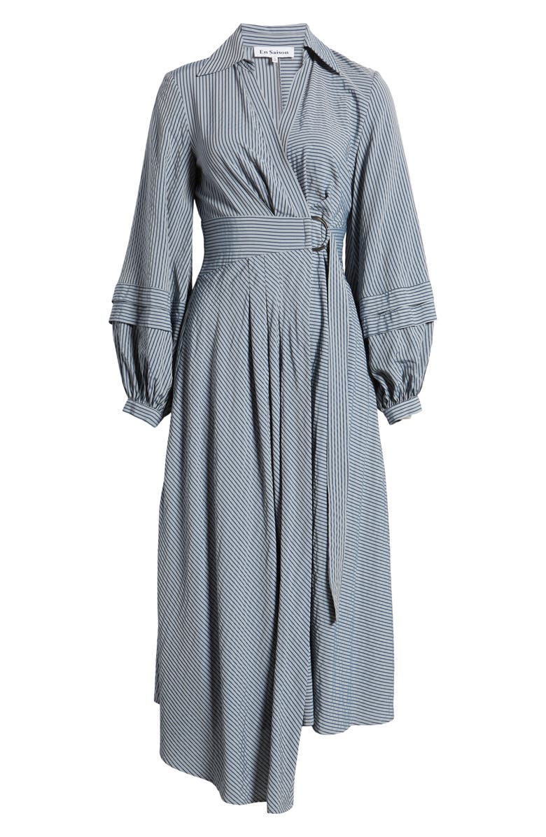 En Saison Berenger Stripe Long Sleeve Asymmetric Wrap Shirtdress