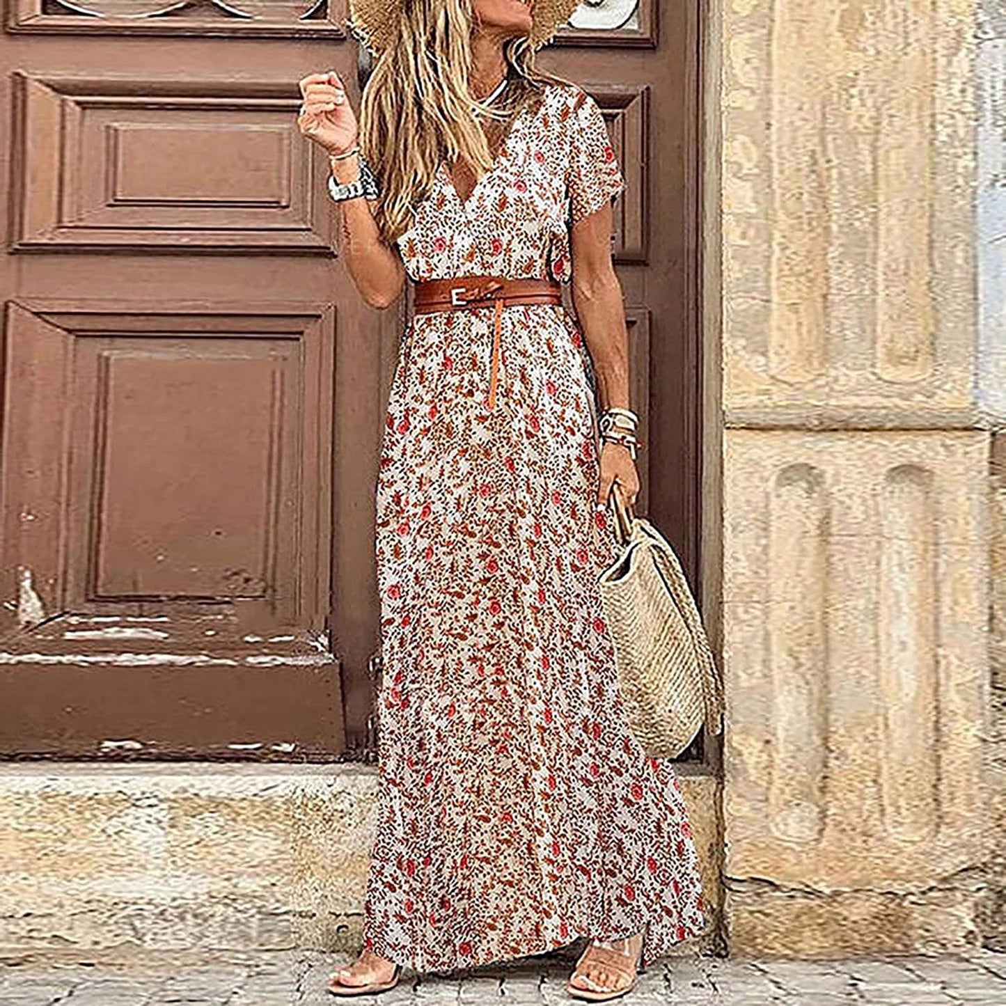 Walmart Rciityk Red Boho Dresses for Women 2024 Summer Casual V Neck Short Sleeve Vintage Print Maxi Dress Vacation Beach Bohemian Dress - Spring/Summer Savings Clearance