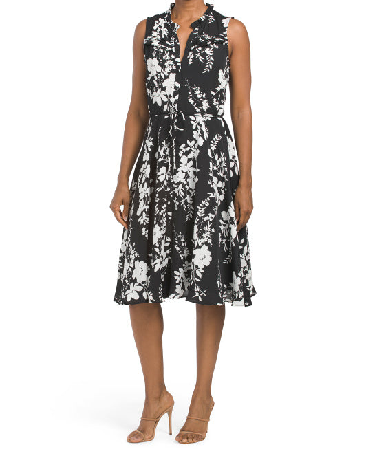 Sleeveless Ruffle Collar Floral Midi Dress