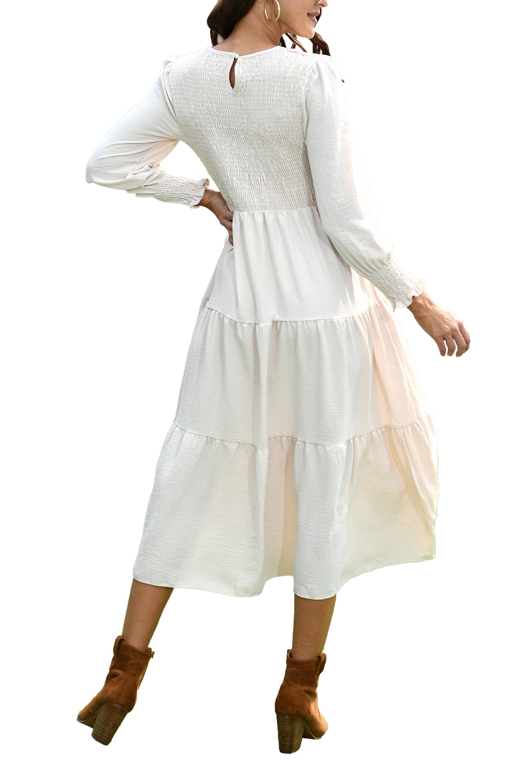 Walmart Mengpipi Womens Casual Long Sleeve Midi Dresses Smocked Flowy Tiered Dress Beige, Size 12-14