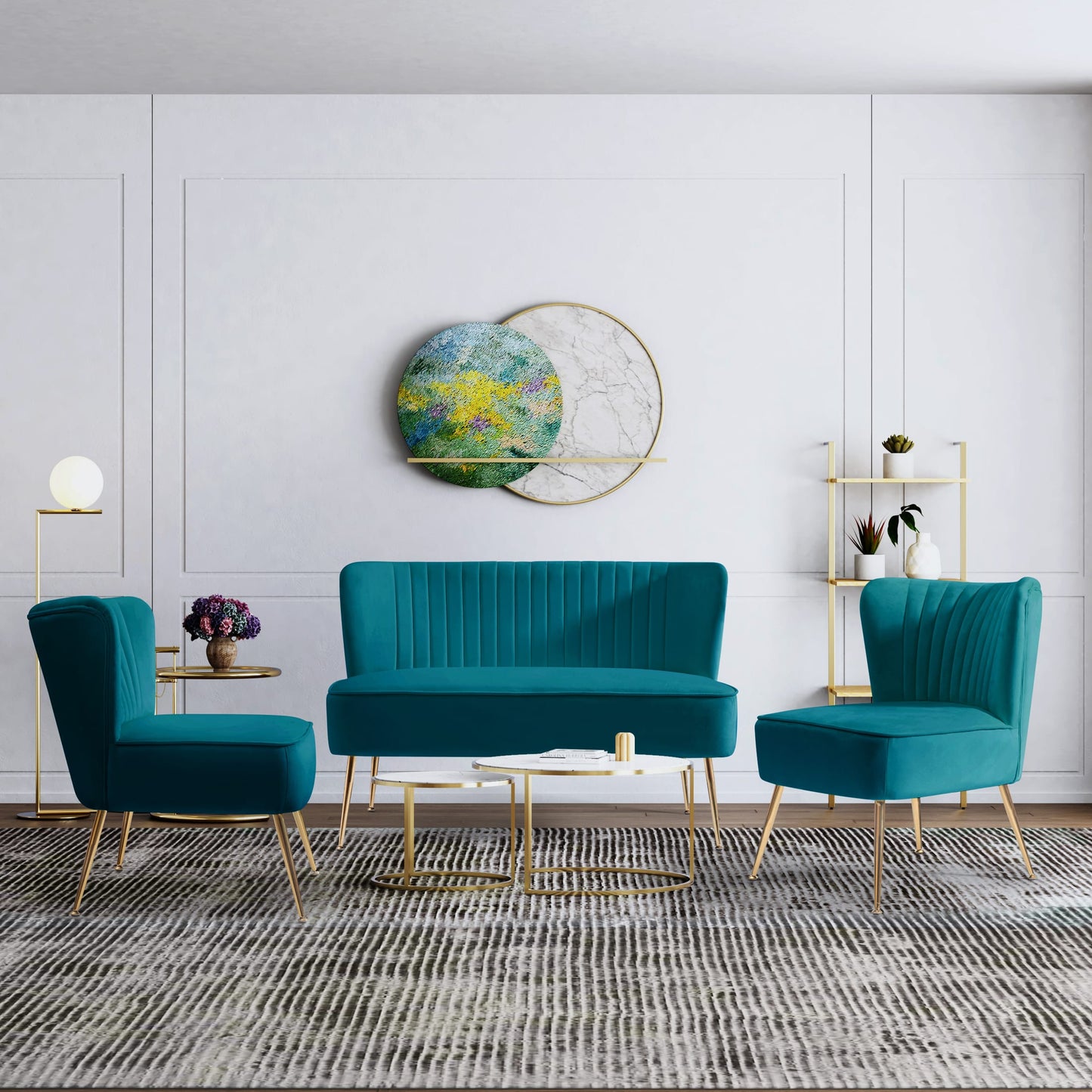 Walmart WestinTrends Mid Century Modern Tufted Velvet Loveseat Sofa and 22" Accent Chair 3-Piece Set, Teal