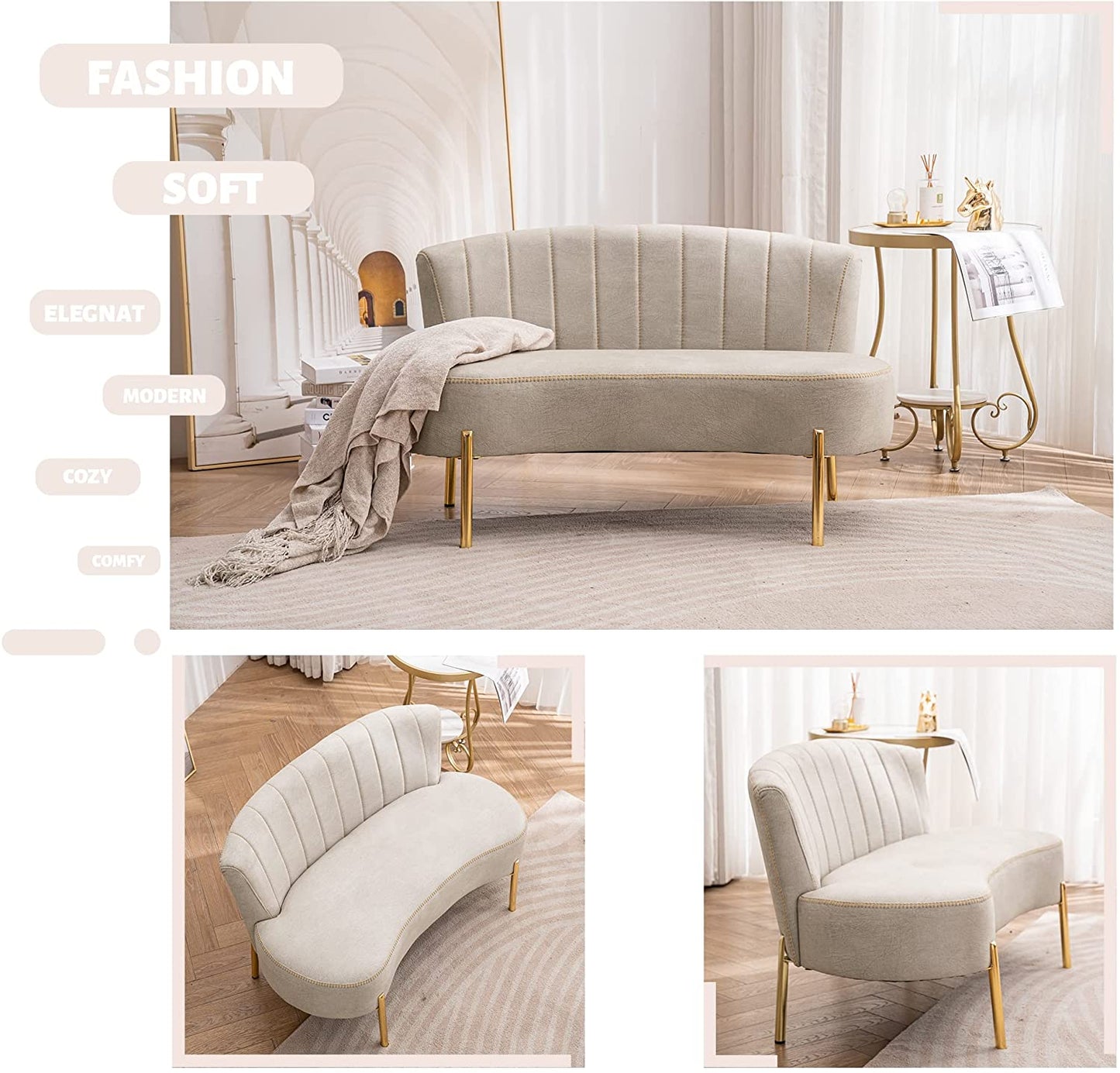Walmart Andeworld Upholstered Small Sofa Couch Modern Loveseat Accent Ottoman Bench Bed Bench Entryway Bench with Backrest for Living Room Bedroom Beige