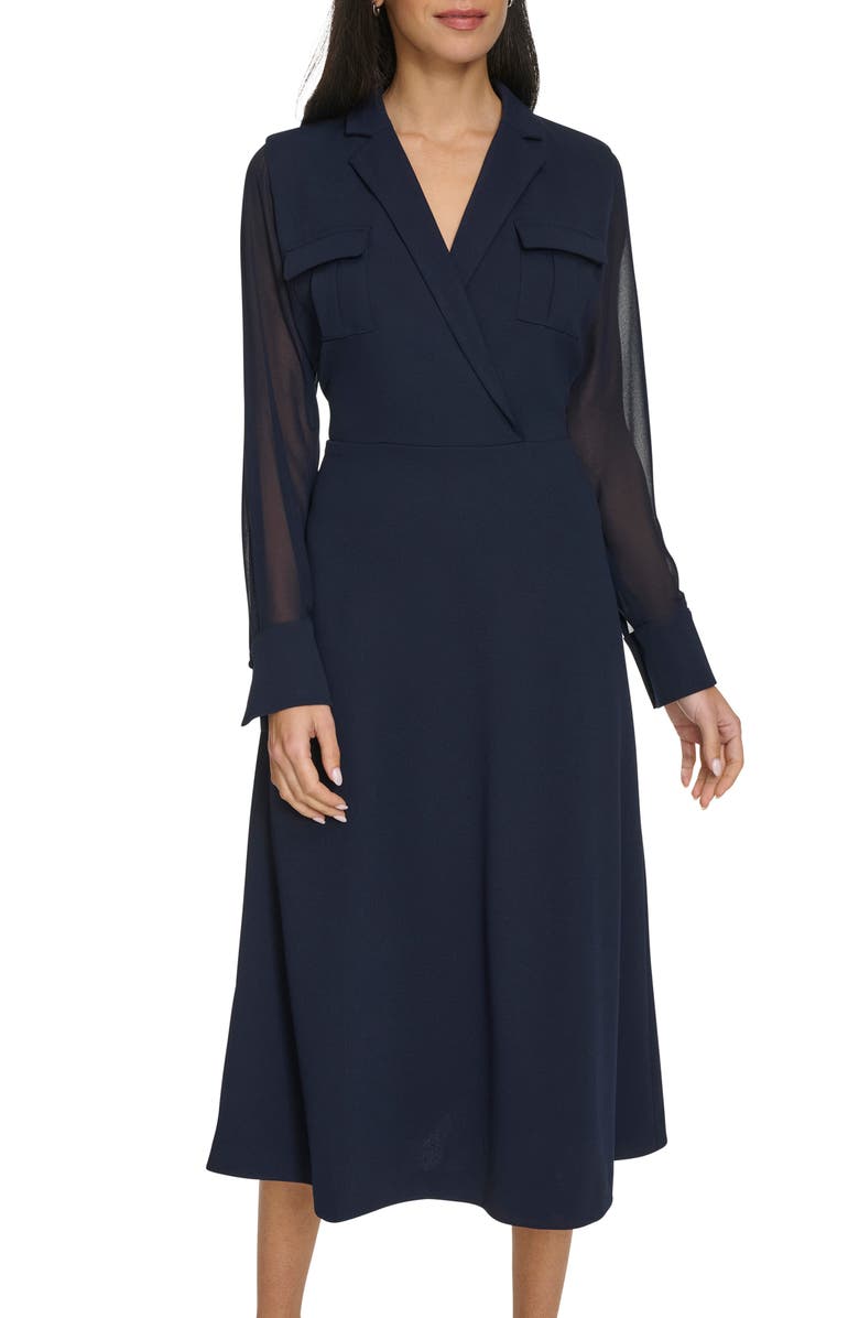 Calvin Klein Long Sleeve Mixed Media A-Line Midi Dress