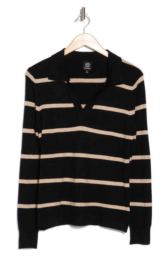 Bobeau Fine Gauge Stripe Polo Sweater, Alternate, color, Black/ H Oatmeal