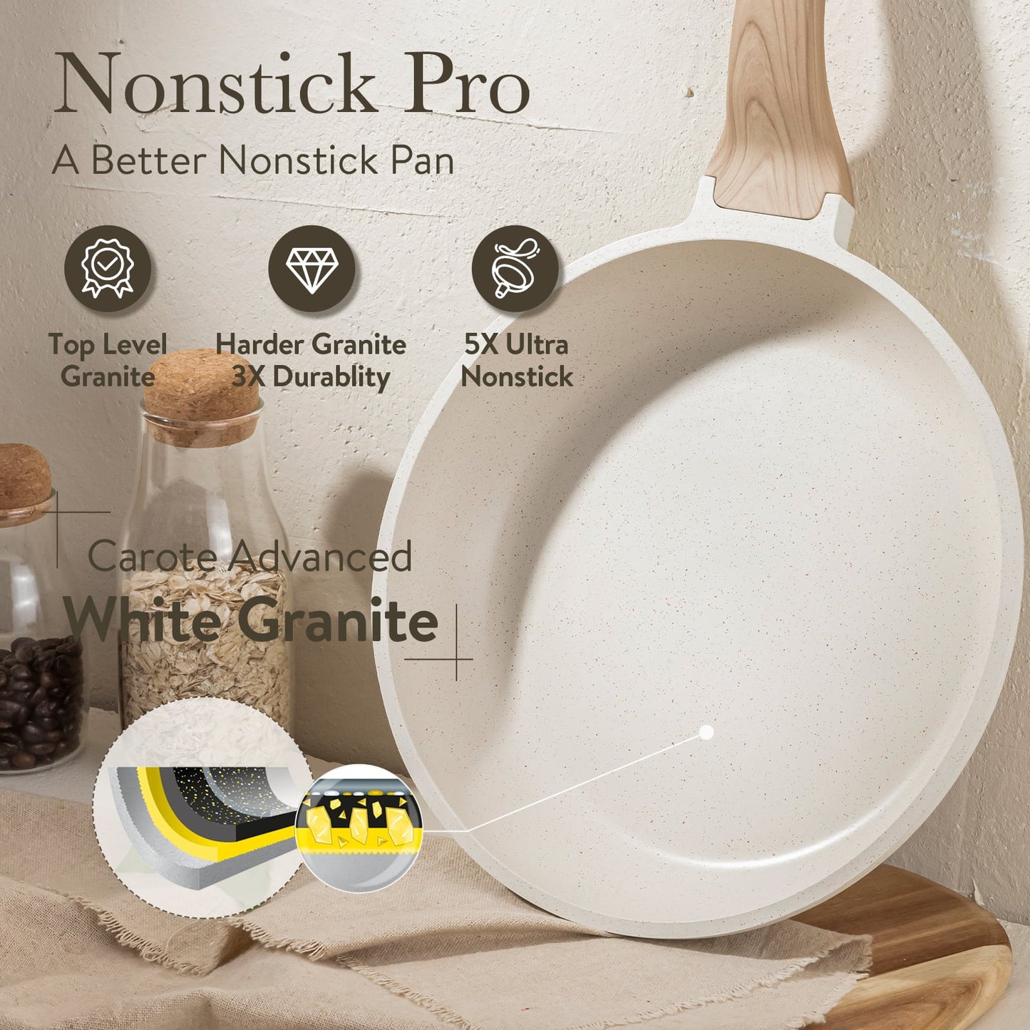 Carote Nonstick Pots and Pans Set, 9 Pcs Induction Kitchen Cookware Sets Free Gift Turner(White Granite) - image 7 of 8