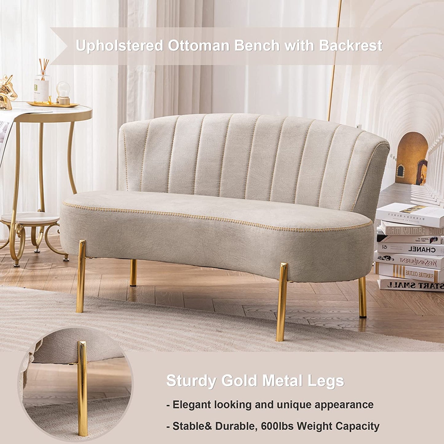 Walmart Andeworld Upholstered Small Sofa Couch Modern Loveseat Accent Ottoman Bench Bed Bench Entryway Bench with Backrest for Living Room Bedroom Beige