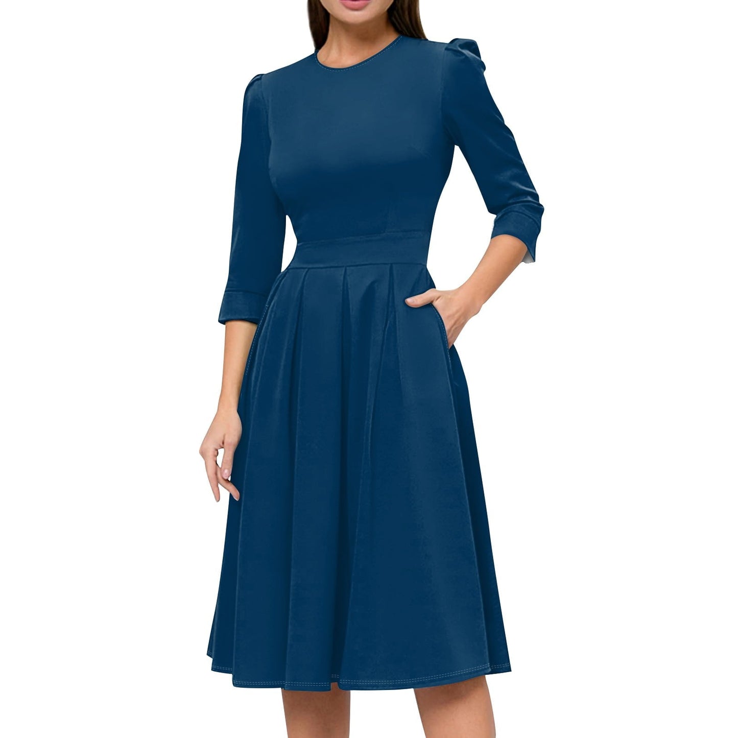 Walmart LISTHA Vintage Midi Dresses for Women Modest 3/4 Sleeve Crew Neck Wrap Dress A Line Pleated Wedding Guest Dress with Pockets Dark Blue XL