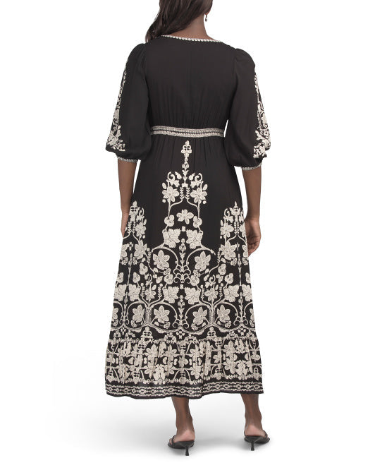 MAX STUDIO Three-quarter Sleeve Placed Printed Maxi Dress