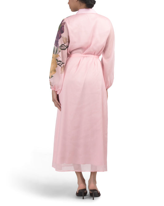 NANCY YANG Long Sleeve Floral Maxi Shirt Dress