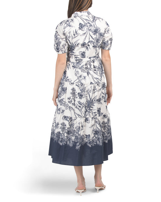 T TAHARI Short Sleeve Button Down Belted Dress With Tiered Skirt