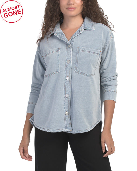 BEACH LUNCH LOUNGE Cotton Blend Knit Button Down Top With Denim Effect