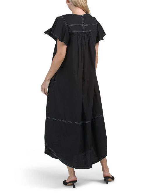 LEA Short Sleeve Whipstitch Pleated Maxi Dress