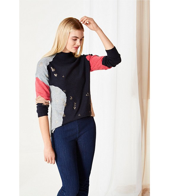 Color:Indigo Multi - Image 4 - Glowing Embers Color Block Foil Print Mock Neck Long Sleeve Sweater