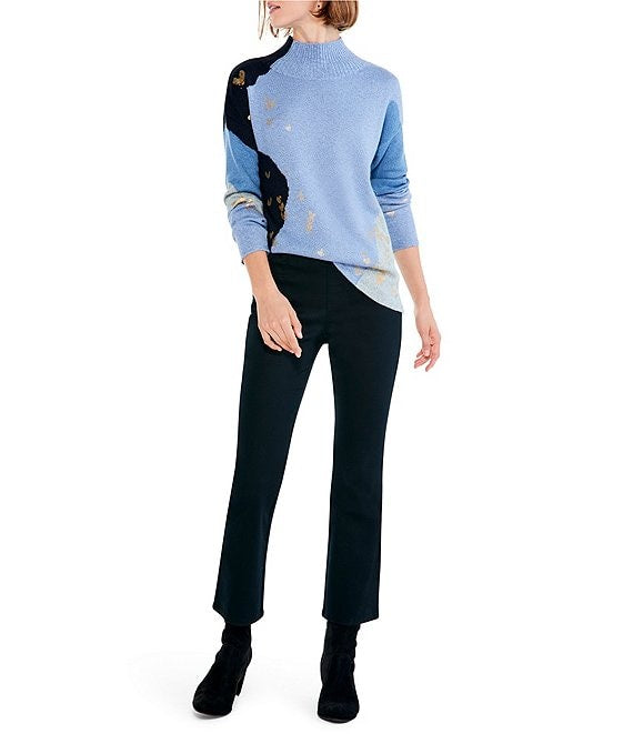 Color:Blue Multi - Image 3 - Glowing Embers Color Block Foil Print Mock Neck Long Sleeve Sweater