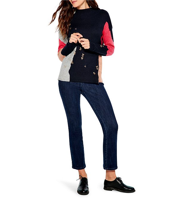 Color:Indigo Multi - Image 3 - Glowing Embers Color Block Foil Print Mock Neck Long Sleeve Sweater