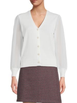 Wdny
Puff Sleeve Faux Pearl Cardigan