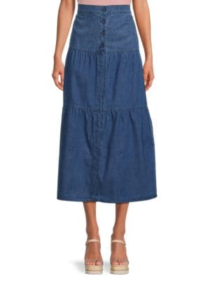 YAL New York
Tiered Midi Denim Skirt