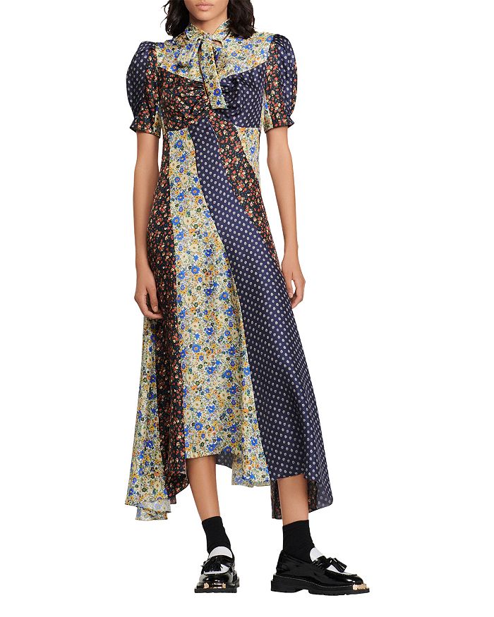 Sandro - Nilana Mixed Print Tie Neck Dress