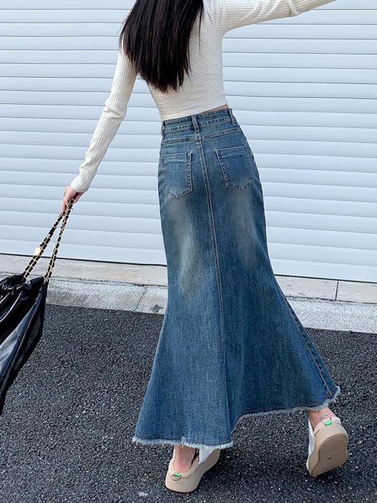 GUUZYUVIZ Casual Loose Tassel Long Women Denim Skirts Autumn Winter Vintage HIgh Waist Pocket Female Jeans Skirts