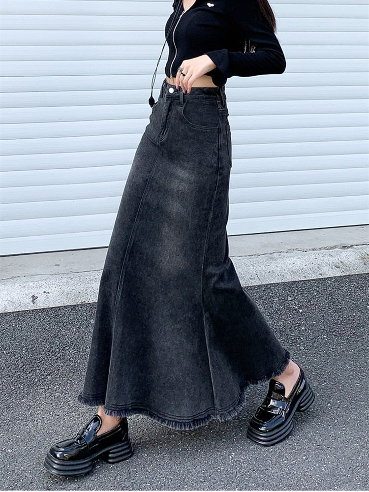 GUUZYUVIZ Casual Loose Tassel Long Women Denim Skirts Autumn Winter Vintage HIgh Waist Pocket Female Jeans Skirts