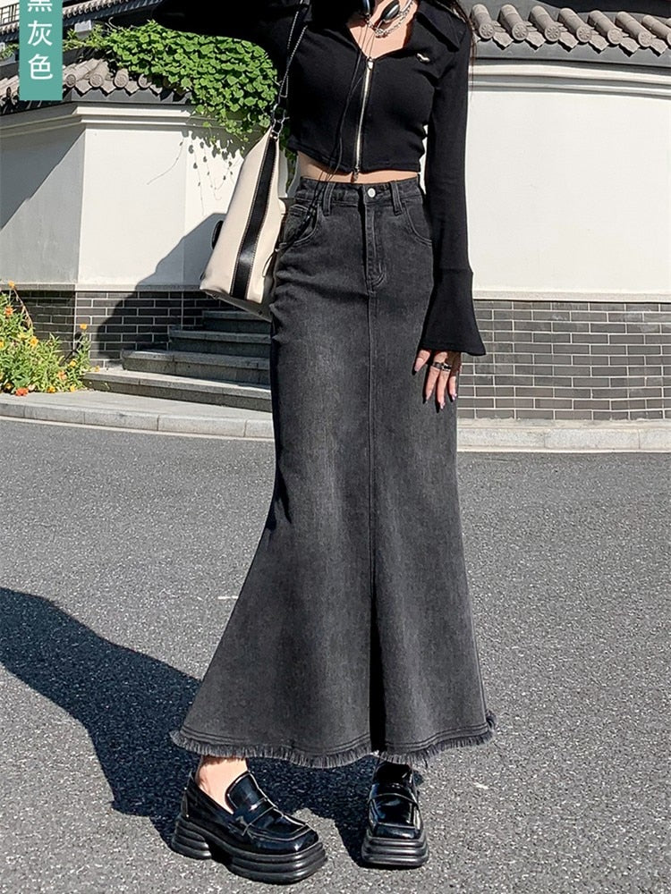 GUUZYUVIZ Casual Loose Tassel Long Women Denim Skirts Autumn Winter Vintage HIgh Waist Pocket Female Jeans Skirts