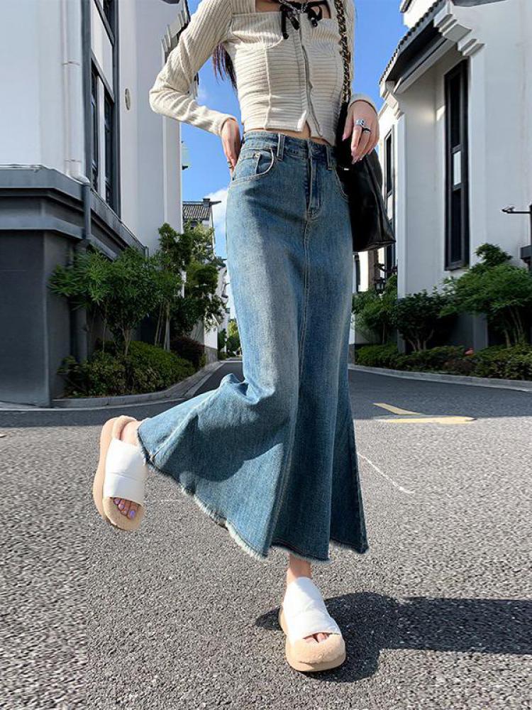GUUZYUVIZ Casual Loose Tassel Long Women Denim Skirts Autumn Winter Vintage HIgh Waist Pocket Female Jeans Skirts