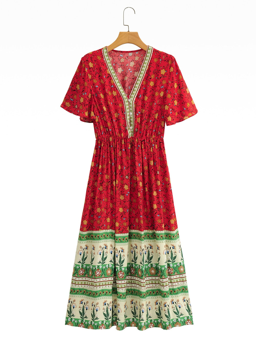 Jastie Boho Floral Printed Maxi Dress V Neck Sexy Ruffle Sleeve Vintage Vestidos 2022 Summer Hippie Beach Casual Women Dresses