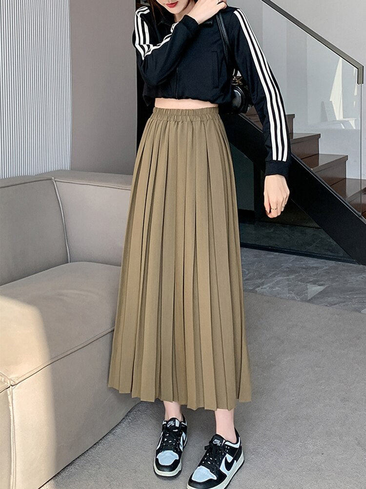 TIGENA Women Pleated Long Skirt 2023 Spring Vintage Elegant Casual Solid All-match A Line Elastic High Waist Maxi Skirt Female