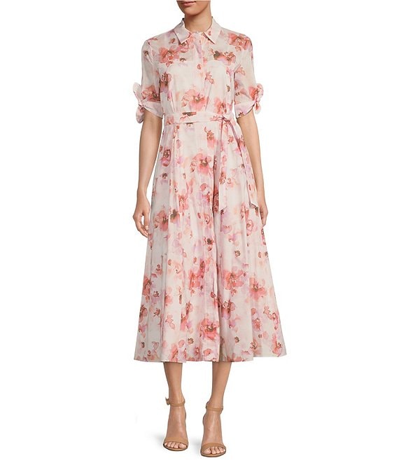 Color:Blush Multi - Image 1 - Floral Print Short Tie Sleeve Collared Neck Tie Waist Midi Dress