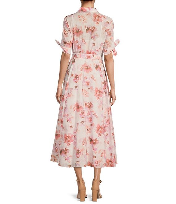 Color:Blush Multi - Image 2 - Floral Print Short Tie Sleeve Collared Neck Tie Waist Midi Dress