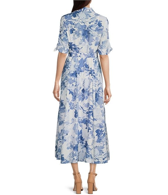 Color:Chambray Multi - Image 2 - Floral Print Short Tie Sleeve Collared Neck Tie Waist Midi Dress