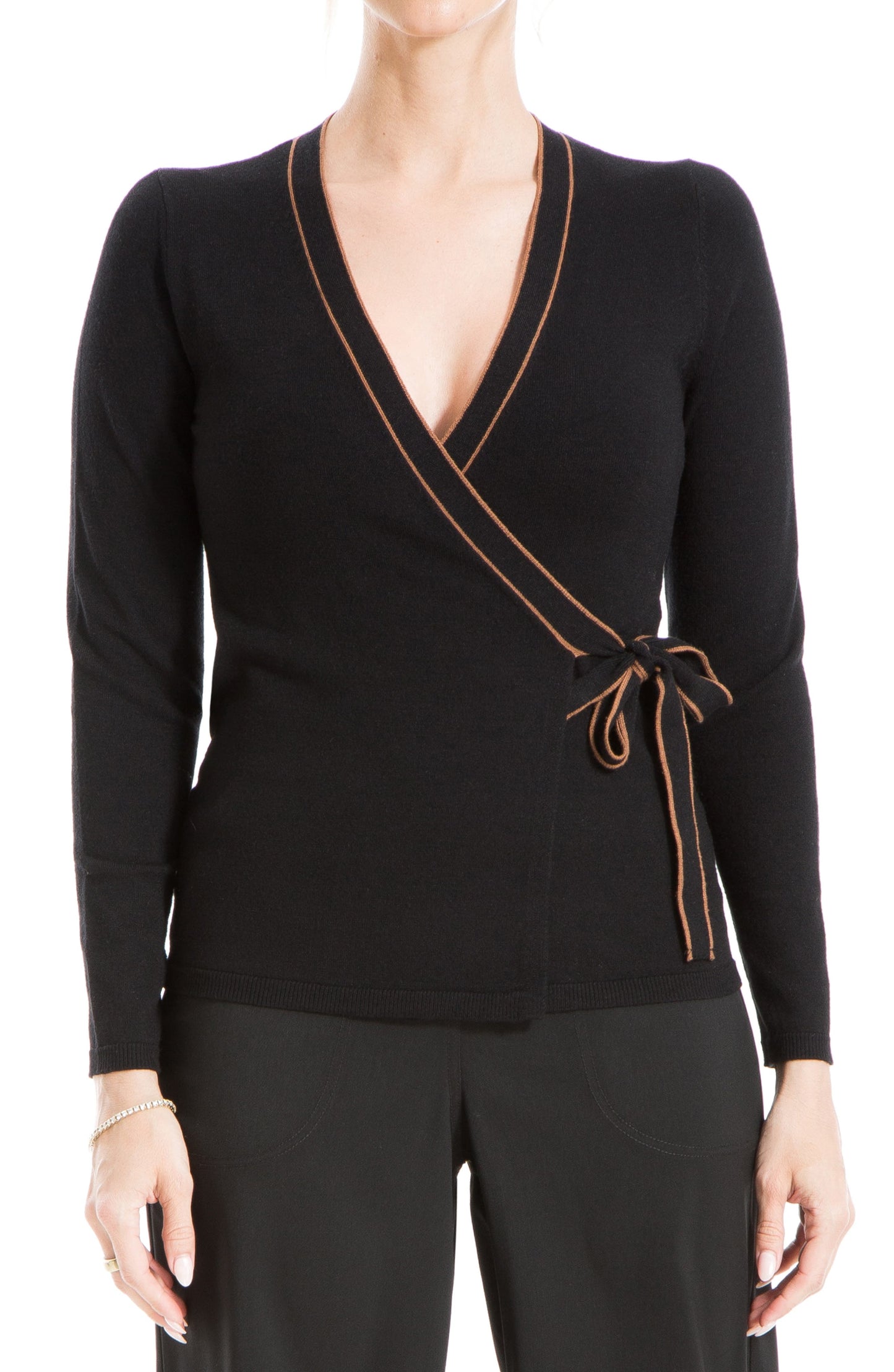 MAX STUDIO Tipped Wrap Sweater, Main, color, BLACK/ VICUNA