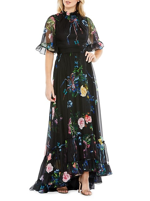 Floral High-Neck Flutter-Sleeve Gown