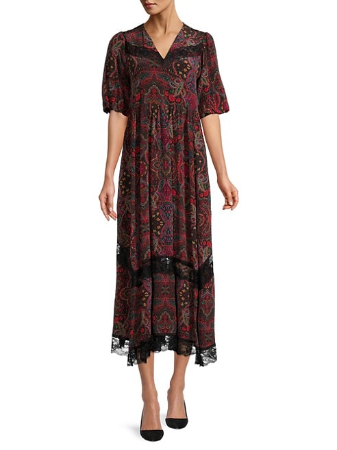 Dame Silk Paisley Lace-Paneled Midi-Dress