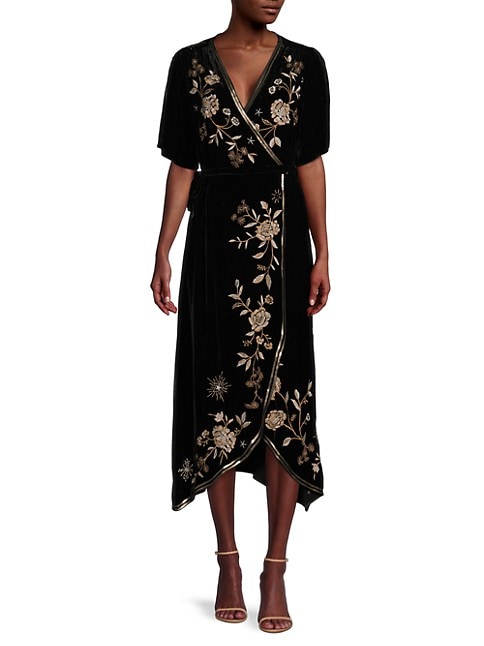 Ally Velvet Sequin-Trim Wrap Midi-Dress