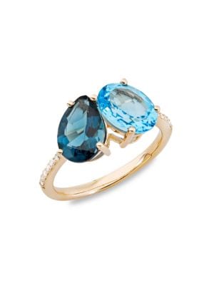 Saks Fifth Avenue
 14K Yellow Gold, London Blue Topaz, Swiss Blue Topaz & Diamond Ring