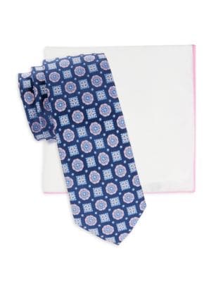 Hickey Freeman
 2-Piece Patterned Tie & Solid Pocket Square Set