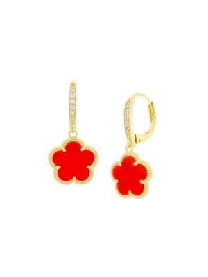 JanKuo
 Flower 14K Goldplated, Faux Coral & Cubic Zirconia Huggie Drop Earrings